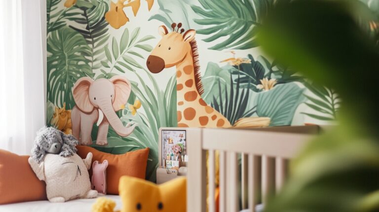 Nursery with colorful jungle-themed wallpaper featuring a giraffe and elephant, surrounded by plush toys