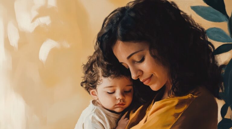Loving mother holding her sleeping toddler close, both bathed in warm light, surrounded by a soft, comforting environment
