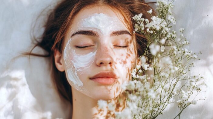 Woman with a face mask lies peacefully surrounded by white flowers, symbolizing faith-based self-care and serenity