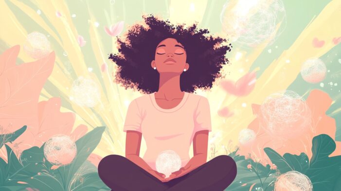 Illustration of a peaceful woman meditating with eyes closed, surrounded by glowing orbs and soft, natural elements, symbolizing faith and inner strength