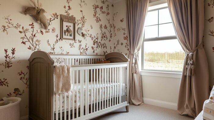 Neutral-toned nursery with floral wallpaper, wooden crib, beige curtains, and plush decor