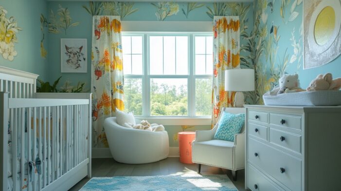 Soft blue nursery with floral wallpaper, colorful curtains, white crib, and cozy seating