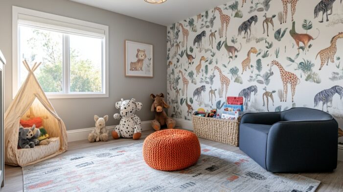 Kids’ room with safari wallpaper, soft toys, a play tent, storage basket, and orange pouf
