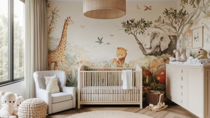 Nursery with jungle-themed wallpaper, crib, armchair, and dresser with soft toys