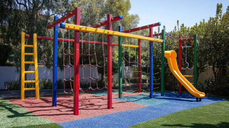 Outdoor playground set with monkey bars, ropes, and slide in a backyard