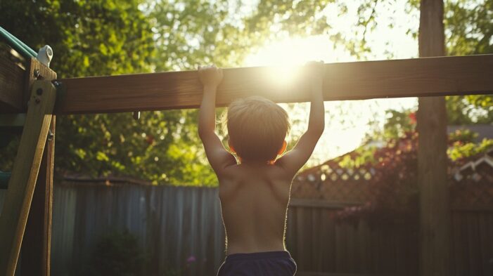Child hanging from wooden monkey bars in a backyard at sunset